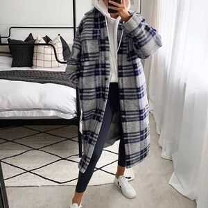 Blue and Grey plaid peacoat jacket